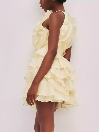 Ruffled Halter Tiered Chiffon Mini Dress - Dresses