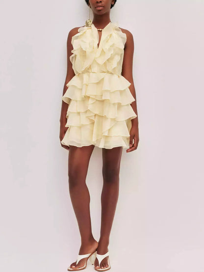 Ruffled Halter Tiered Chiffon Mini Dress - Dresses