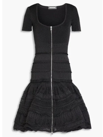 Ruffled Knit Zip-Front Mini Dress in Black - Dresses