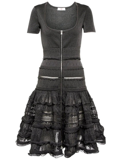 Ruffled Knit Zip-Front Mini Dress in Black - Dresses