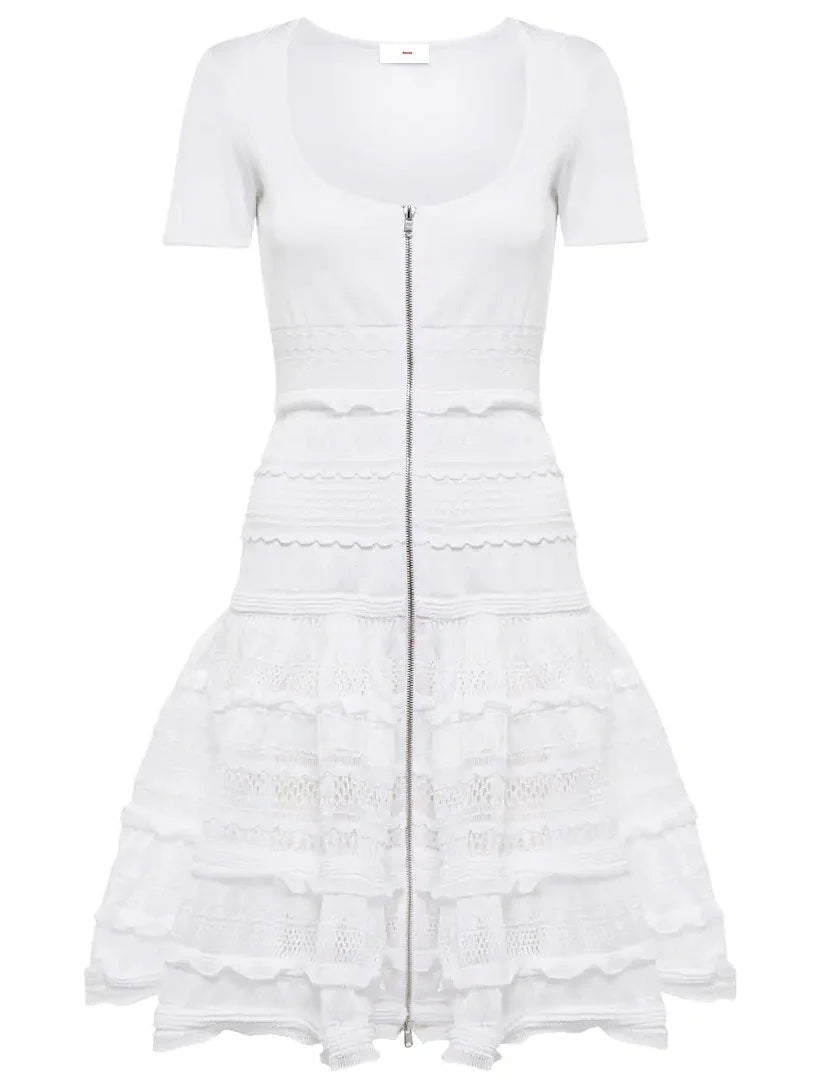 Ruffled Knit Zip-Front Mini Dress in White - Dresses