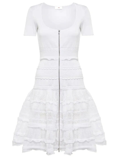 Ruffled Knit Zip-Front Mini Dress in White - Dresses