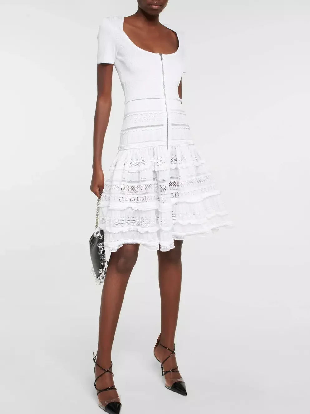 Ruffled Knit Zip-Front Mini Dress in White - Dresses