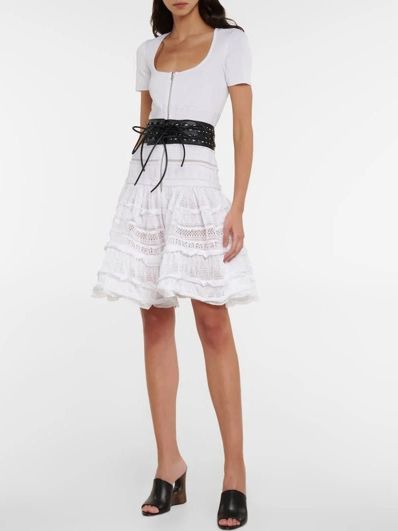 Ruffled Knit Zip-Front Mini Dress in White - Dresses