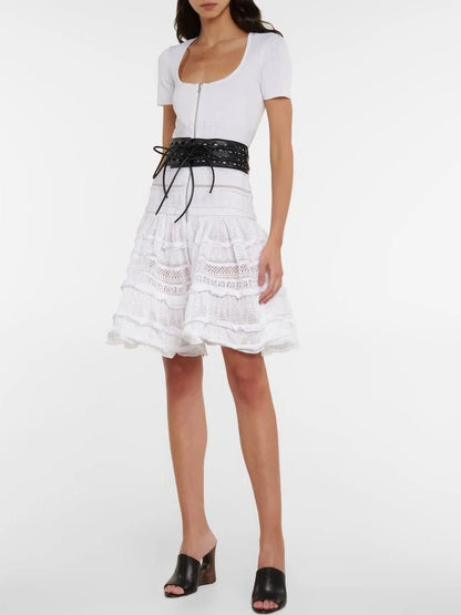 Ruffled Knit Zip-Front Mini Dress in White - Dresses