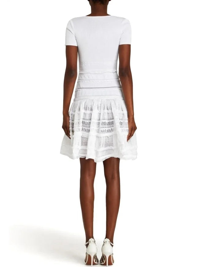 Ruffled Knit Zip-Front Mini Dress in White - Dresses