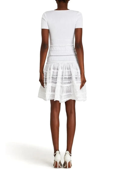 Ruffled Knit Zip-Front Mini Dress in White - Dresses