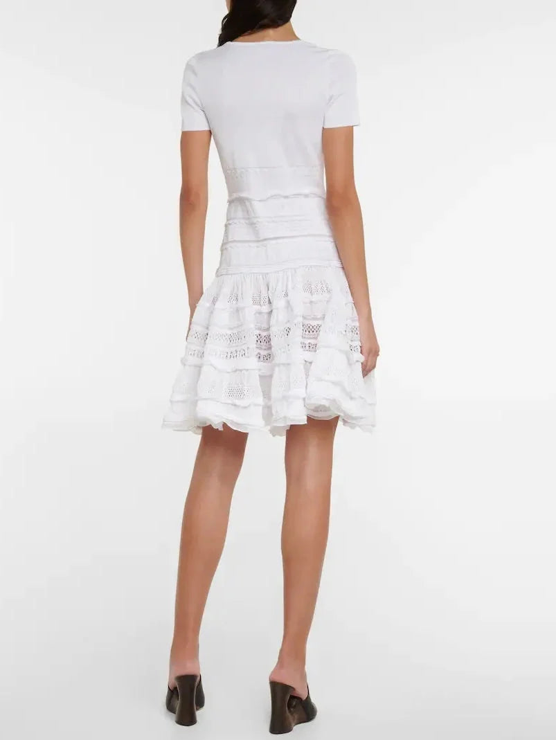 Ruffled Knit Zip-Front Mini Dress in White - Dresses