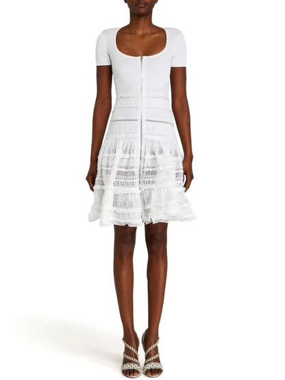 Ruffled Knit Zip-Front Mini Dress in White - Small - Dresses