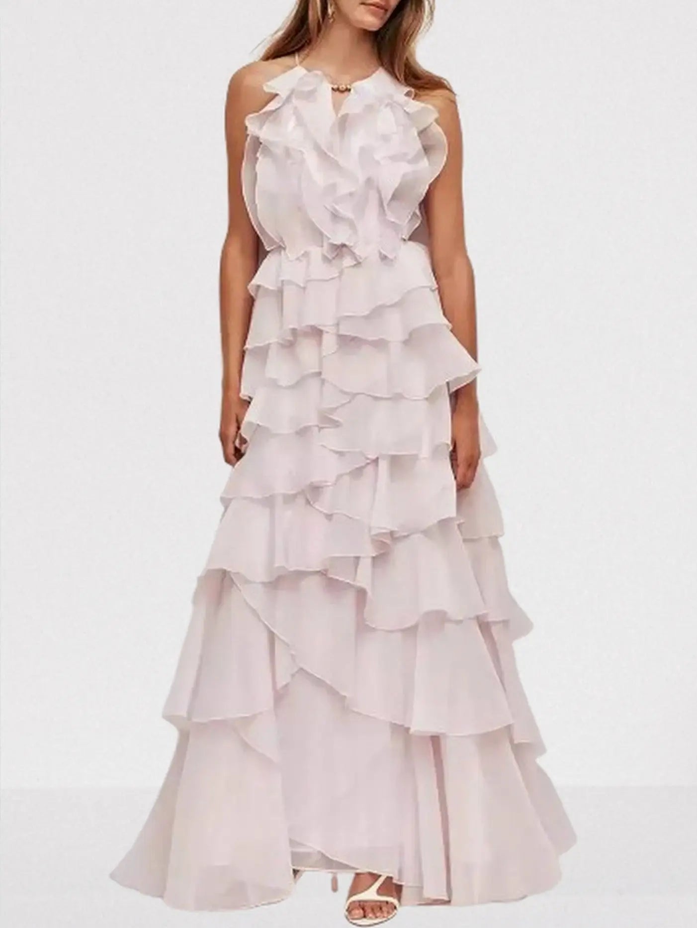 Ruffled Layered Halter Maxi Dress - S / Light Pink - Dresses