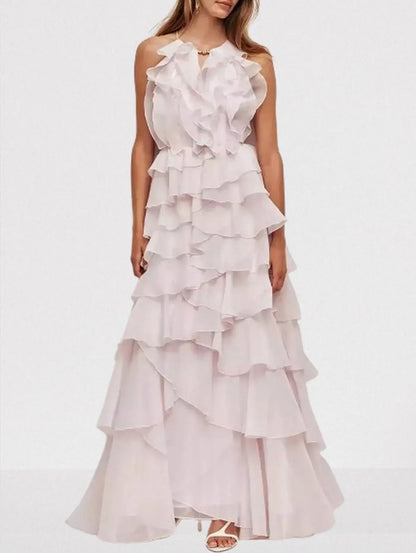 Ruffled Layered Halter Maxi Dress - S / Light Pink - Dresses