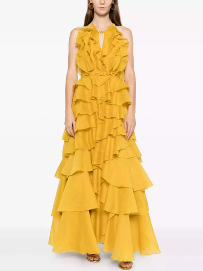 Ruffled Layered Halter Maxi Dress - S / Yellow - Dresses