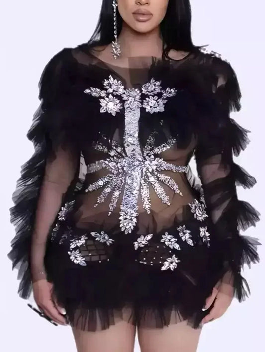 Ruffled Mesh Mini Dress with Appliques in Black - Dresses