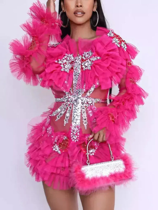 Ruffled Mesh Mini Dress with Appliques in Hot Pink - Dresses