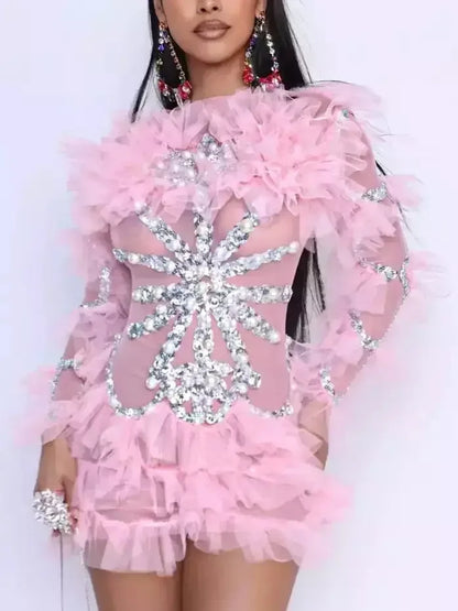 Ruffled Mesh Mini Dress with Appliques in Pink - Dresses