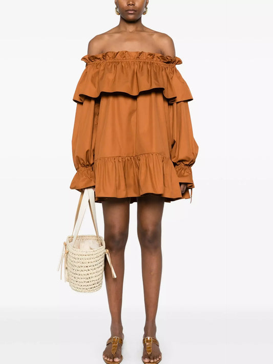 Ruffled Off-Shoulder Cotton Mini Dress - Dresses