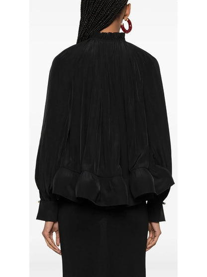 Ruffled Pleated Blouse Black - Tops