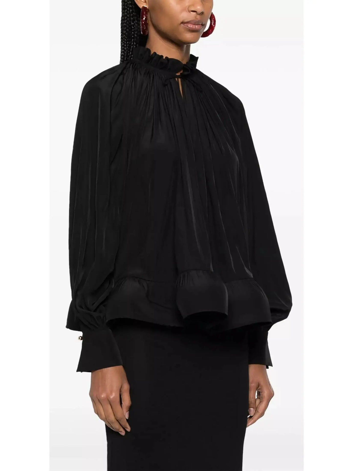 Ruffled Pleated Blouse Black - Tops