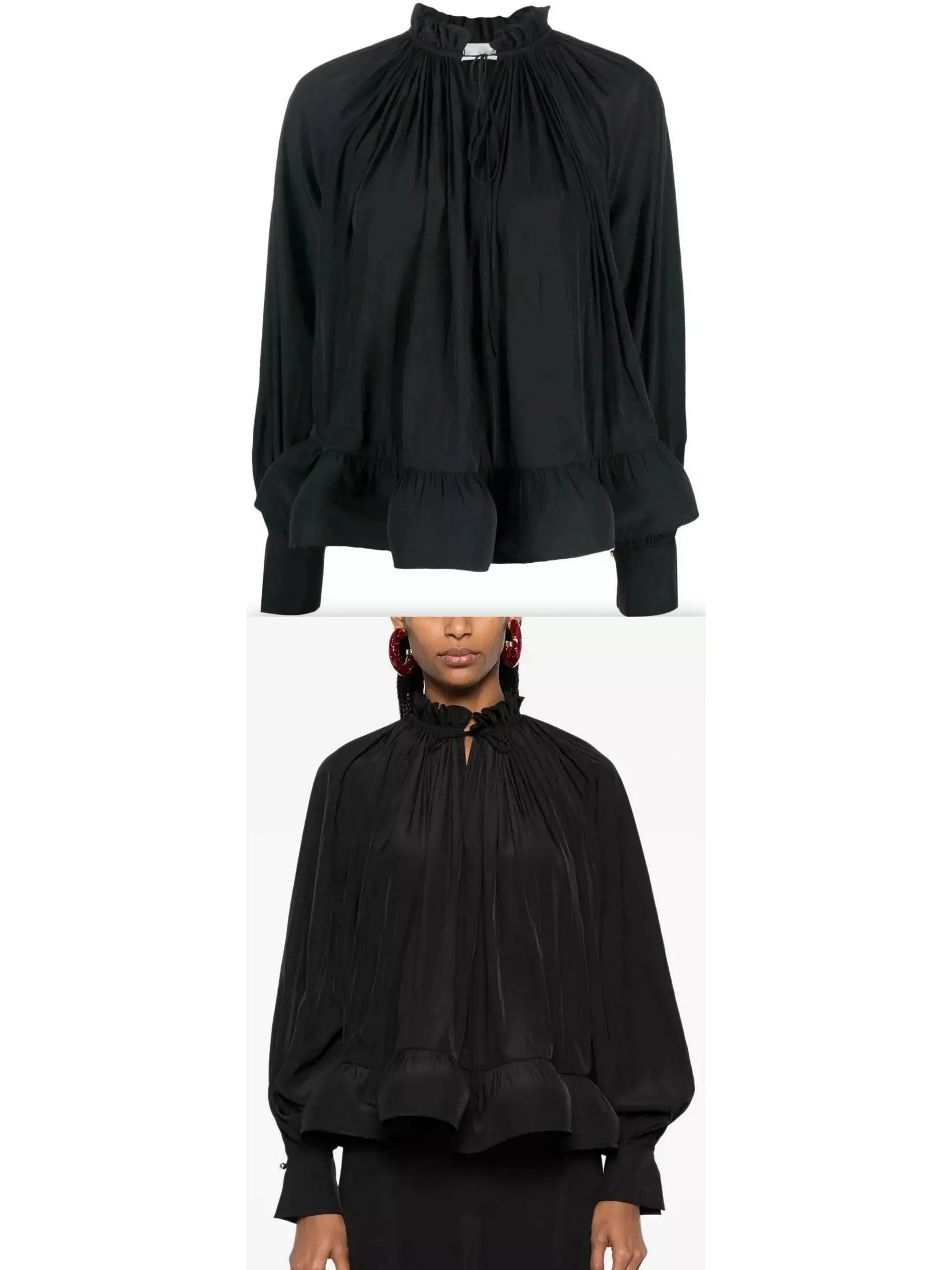 Ruffled Pleated Blouse Black - Tops