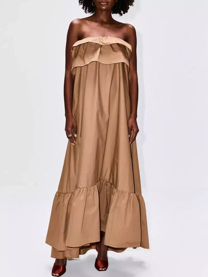 Ruffled Strapless Long Dress in Khaki - Dresses