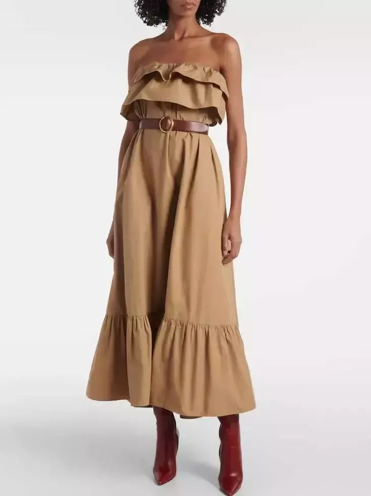 Ruffled Strapless Long Dress in Khaki - Dresses