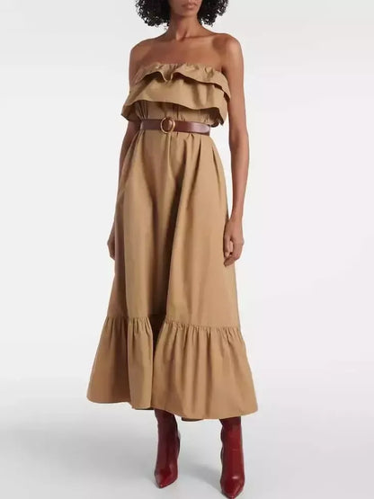 Ruffled Strapless Long Dress in Khaki - Dresses