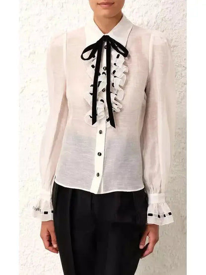 Ruffled Tie-Neck Linen and Silk Tuxedo Body Shirt - Tops