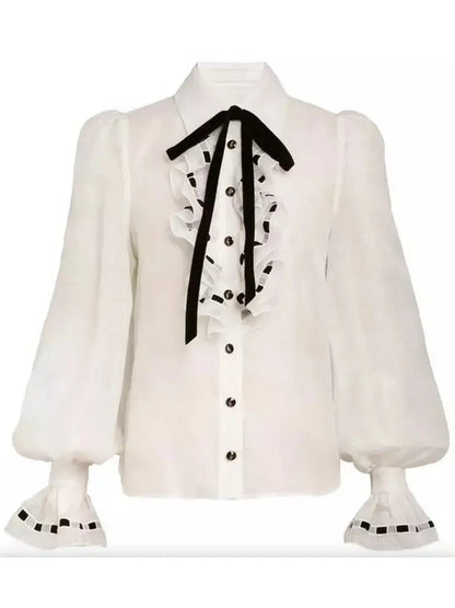 Ruffled Tie-Neck Linen and Silk Tuxedo Body Shirt - Tops