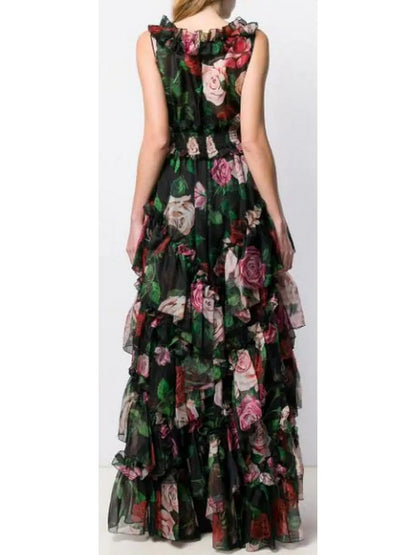 Ruffled Tiered Floral-Print Chiffon Gown In Black - Dresses