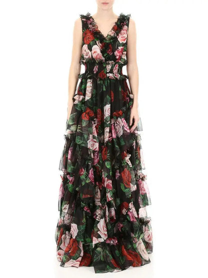 Ruffled Tiered Floral-Print Chiffon Gown In Black - s - Dresses