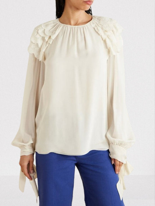Ruffled-Trimmed Silk Georgette Blouse - Tops