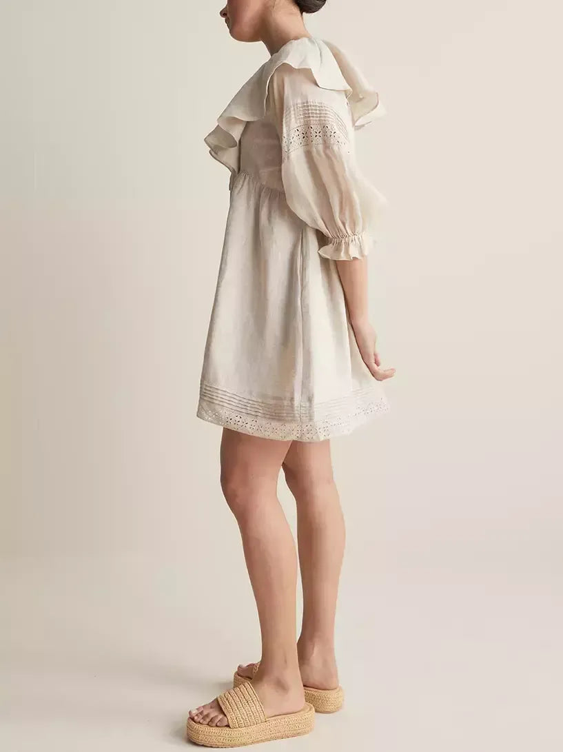 Ruffled V-Neck Linen Babydoll Dress in Light Beige - Dresses