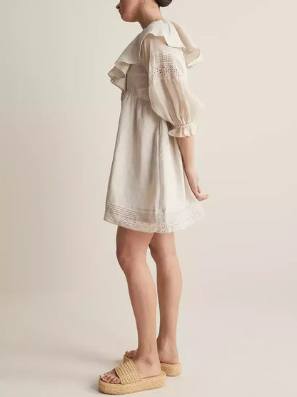 Ruffled V-Neck Linen Babydoll Dress in Light Beige - Dresses