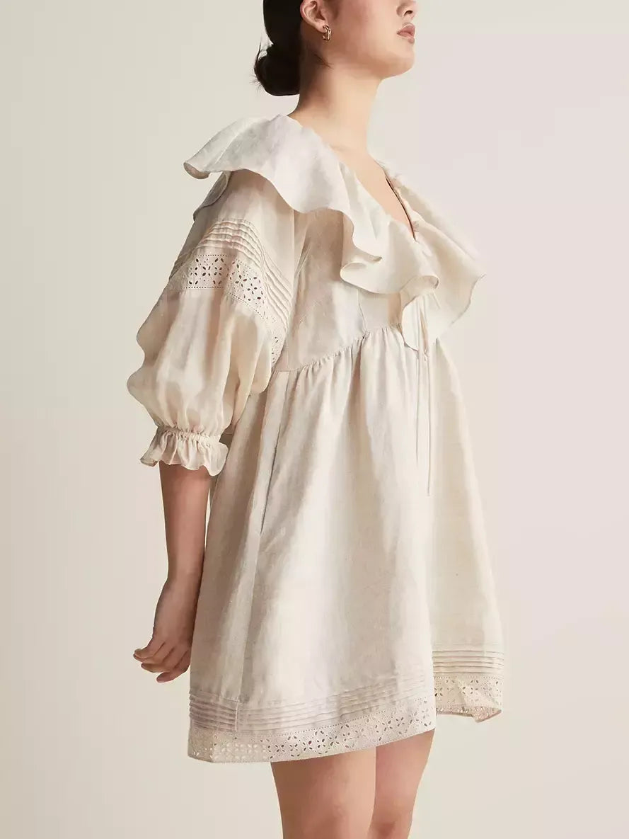 Ruffled V-Neck Linen Babydoll Dress in Light Beige - Dresses