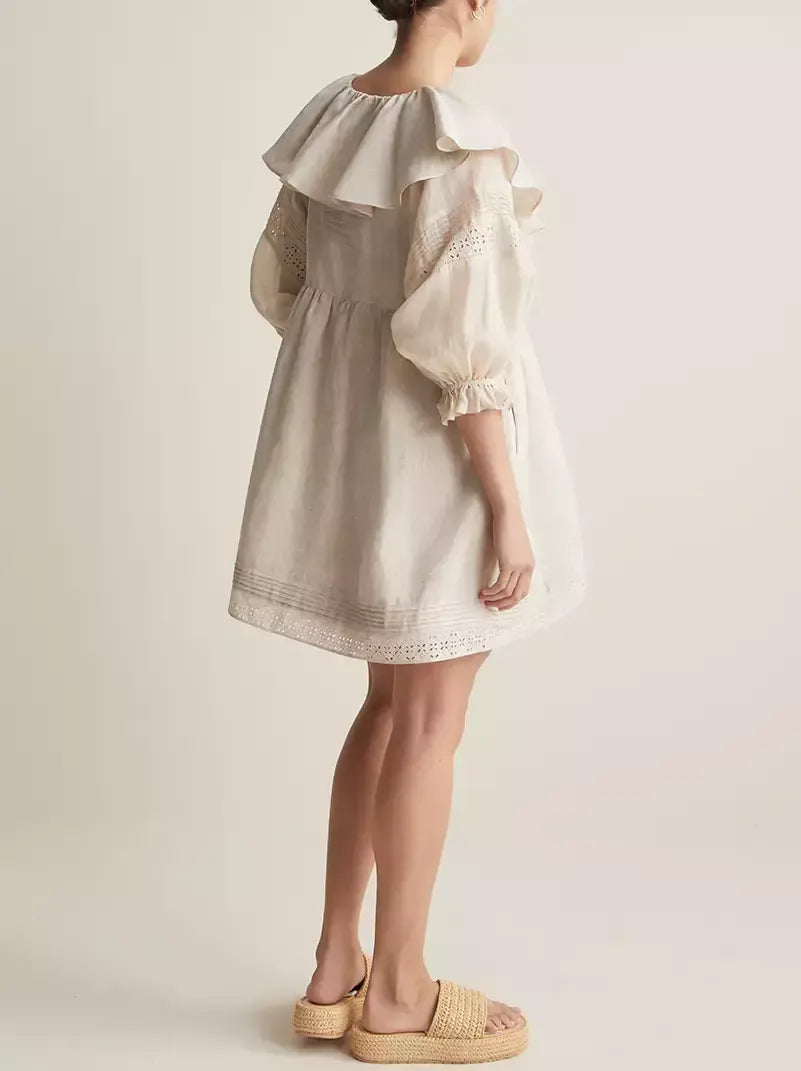 Ruffled V-Neck Linen Babydoll Dress in Light Beige - Dresses