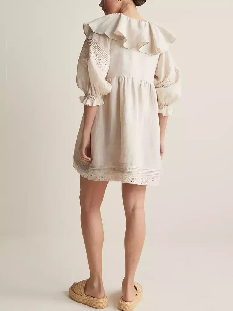 Ruffled V-Neck Linen Babydoll Dress in Light Beige - Dresses