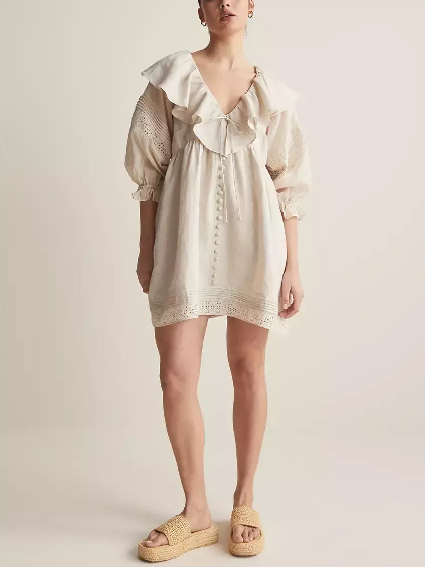 Ruffled V-Neck Linen Babydoll Dress in Light Beige - Dresses