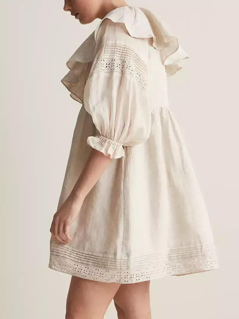 Ruffled V-Neck Linen Babydoll Dress in Light Beige - Dresses