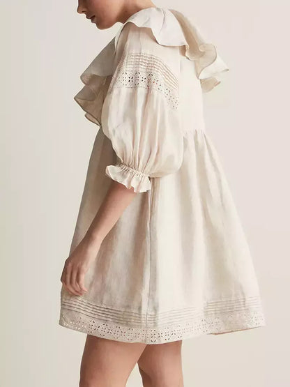 Ruffled V-Neck Linen Babydoll Dress in Light Beige - Dresses