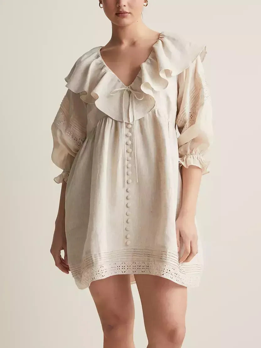 Ruffled V-Neck Linen Babydoll Dress in Light Beige - Dresses