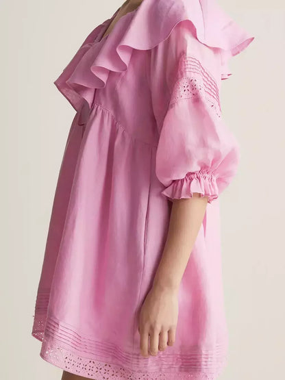 Ruffled V-Neck Linen Babydoll Dress in Pink - Dresses