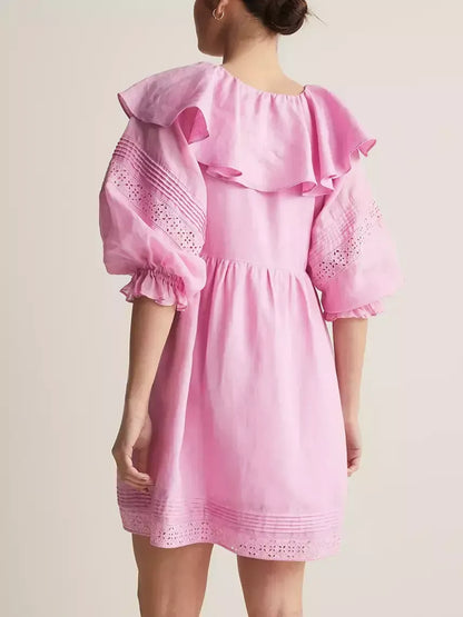 Ruffled V-Neck Linen Babydoll Dress in Pink - Dresses