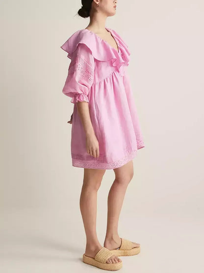 Ruffled V-Neck Linen Babydoll Dress in Pink - Dresses