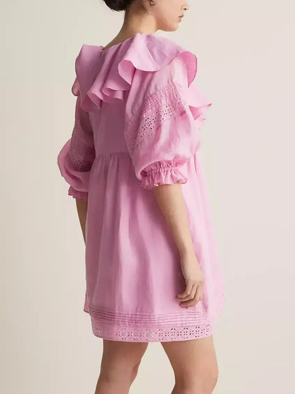 Ruffled V-Neck Linen Babydoll Dress in Pink - Dresses