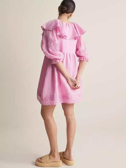 Ruffled V-Neck Linen Babydoll Dress in Pink - Dresses