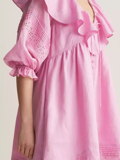 Ruffled V-Neck Linen Babydoll Dress in Pink - Dresses