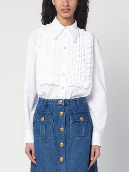 Ruffled White Cotton Shirt - Tops