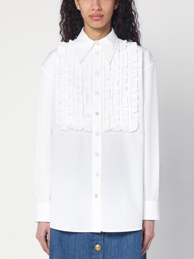 Ruffled White Cotton Shirt - Tops