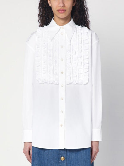 Ruffled White Cotton Shirt - Tops