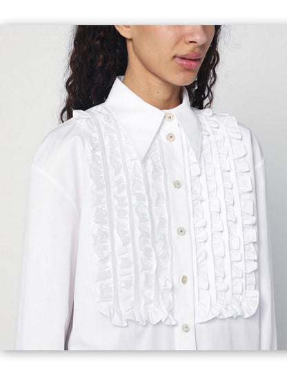 Ruffled White Cotton Shirt - Tops